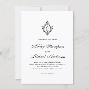 Vintage Wedding Monogram Crest Black White Script Invitation