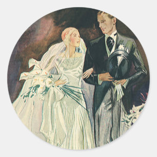 Vintage Wedding Newlyweds, Happy Bride and Goom Classic Round Sticker