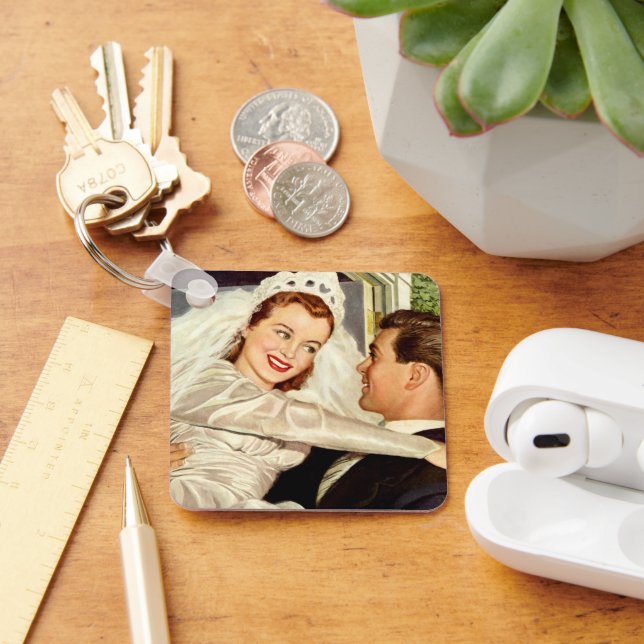 Vintage Wedding Newlyweds, Happy Bride and Groom Keychain (Desk)