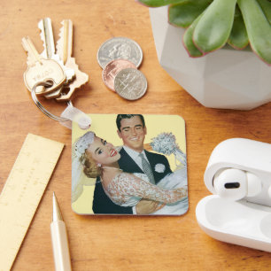 Vintage Wedding Newlyweds, Happy Bride and Groom Keychain