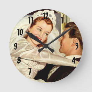 Vintage Wedding Newlyweds, Happy Bride and Groom Round Clock