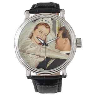 Vintage Wedding Newlyweds, Happy Bride and Groom Watch