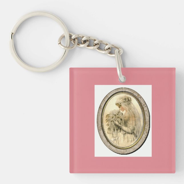 Vintage Wedding Pink Theme Bride Keychain (Front)