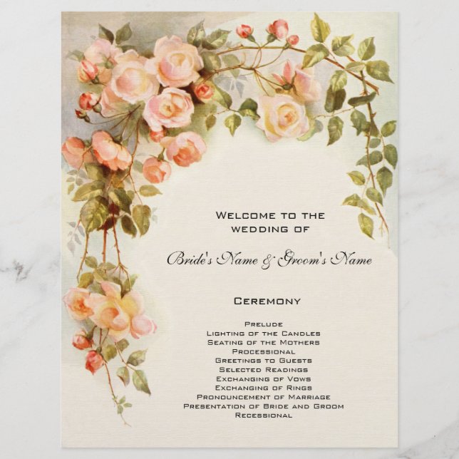 Vintage Wedding Program, Pink Rose Flowers Floral (Front)