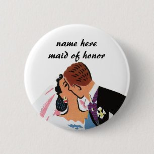 Vintage Wedding, Retro Bride and Groom Kissing 2 Inch Round Button