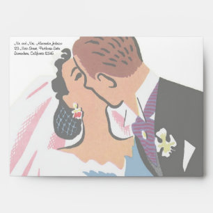 Vintage Wedding, Retro Bride and Groom Kissing Envelope