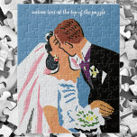 Vintage Wedding, Retro Bride and Groom Kissing Jigsaw Puzzle<br><div class="desc">Easy to customize puzzle, just add your own special message! Vintage illustration love and romance image featuring a bride and groom kissing at their wedding ceremony. The man is wearing a tuxedo and the woman is wearing a traditional wedding gown with a veil and holding a bouquet of flowers. The...</div>