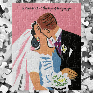 Vintage Wedding, Retro Bride and Groom Kissing Jigsaw Puzzle