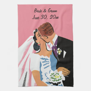 Vintage Wedding, Retro Bride and Groom Kissing Kitchen Towel