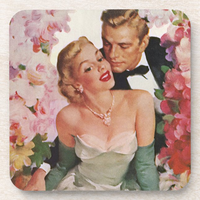 Vintage Wedding, Retro Bride and Groom Newlyweds Coaster (Front)