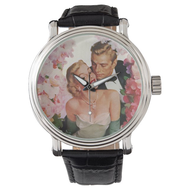 Vintage Wedding, Retro Bride and Groom Newlyweds Watch (Front)