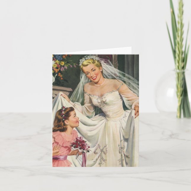 Vintage Wedding, Retro Bride with Flower Girl Card (Front)