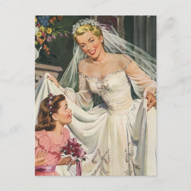 Vintage Wedding, Retro Bride with Flower Girl Postcard (Front)
