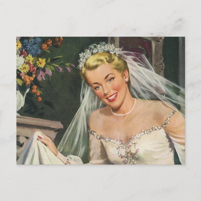 Vintage Wedding, Retro Bride with Flower Girl Postcard (Front)