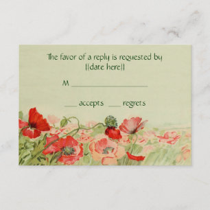 Vintage Wedding RSVP Response, Red Poppy Flowers Card
