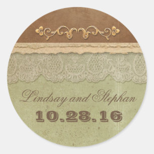 Vintage wedding sticker with rustic ivory lace