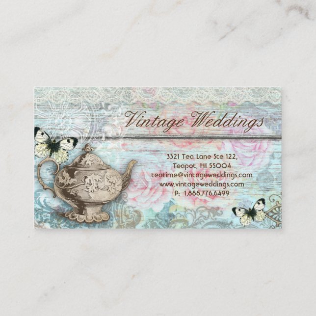 Vintage Wedding Teapot Roses Antique Butterflies Business Card (Back)