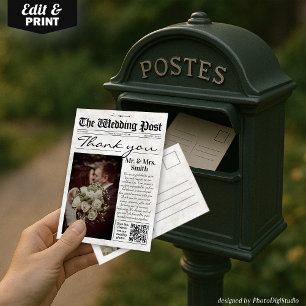 Vintage Wedding Thank You Card, Wedding Newspaper Card