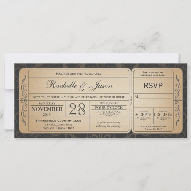 Vintage Wedding Ticket  Invitation with RSVP 3.0 (Front)