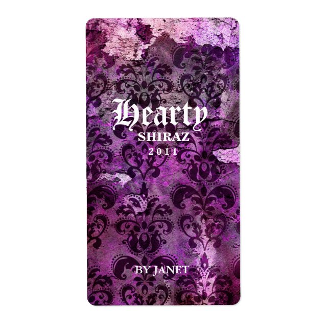 Vintage Wedding Wine Label Damask Purple (Front)