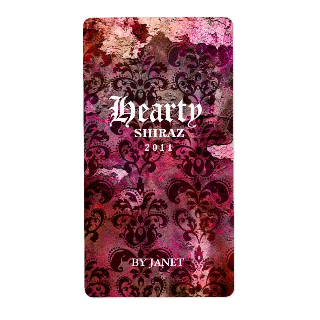 Vintage Wedding Wine Label Damask Red (Front)