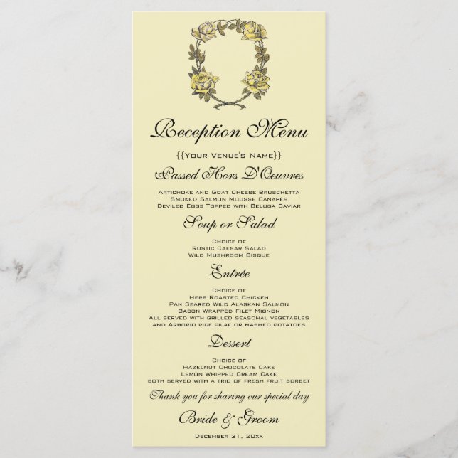 Vintage Wedding, Yellow Antique Garden Rose Wreath Menu (Front)