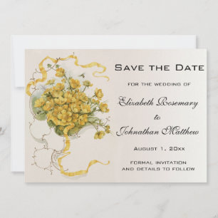 Vintage Wedding, Yellow Buttercup Flowers and Bees Save The Date