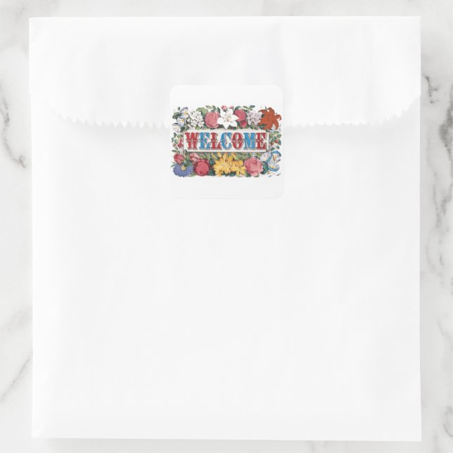 Vintage WELCOME Flowers Housewarming Party  Square Sticker (Bag)