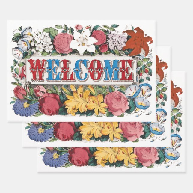 Vintage WELCOME Flowers Housewarming Party  Wrapping Paper Sheet (Set)