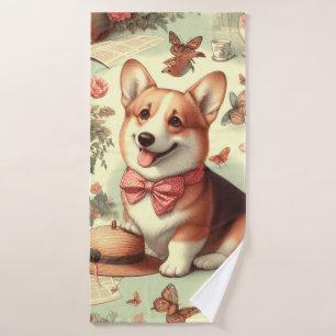Vintage Welsh Corgi Cardigan Illustration Bath Towel