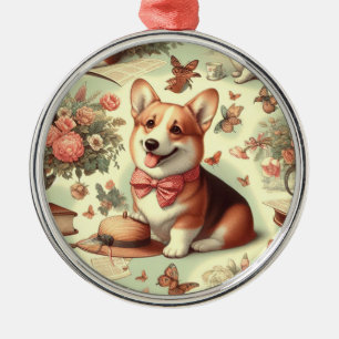 Vintage Welsh Corgi Cardigan Illustration Metal Ornament