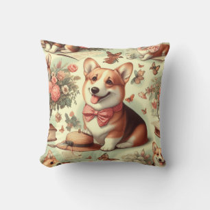 Vintage Welsh Corgi Cardigan Illustration Throw Pillow