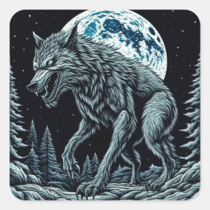 Vintage Werewolf Growling on a Full Moon Night Square Sticker
