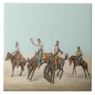 Vintage Western 4 Cowboys On Bucking Horses  Tile