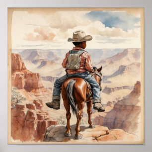 Vintage Western Art African American Boy on Horse Poster