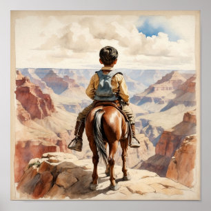 Vintage Western Art Ethnic Boy on Horse Poster
