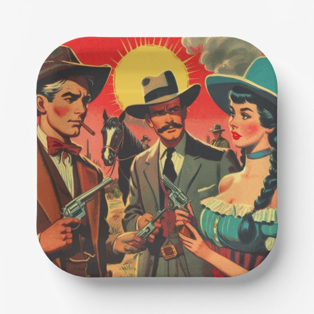 Vintage Western Comics Illustration Paper Plate (Front)