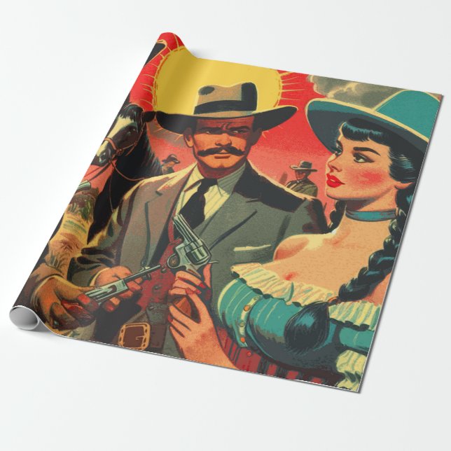 Vintage Western Comics Illustration Wrapping Paper (Unrolled)