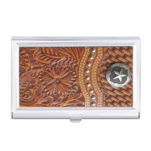 vintage western country pattern studded leather business card holder