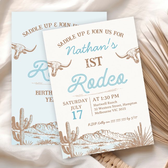 Vintage Western Cowboy First Rodeo 1st Birthday  Invitation (Boys Rustic 1st Rodeo Birthday Invitation, First Rodeo Birthday Invitation Boy, Blue Brown Desert)