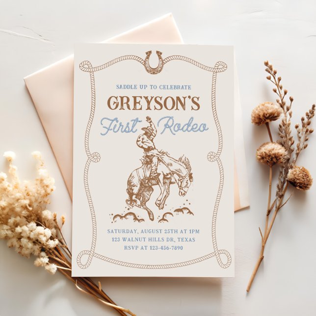 Vintage Western Cowboy First Rodeo 1st Birthday Invitation (Creator Uploaded)