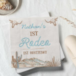 Vintage Western Cowboy First Rodeo 1st Birthday  Napkin<br><div class="desc">Vintage Western Cowboy First Rodeo 1st Birthday Paper Napkin

Boy's vintage first birthday rodeo paper napkin featuring two longhorn cows,  a desert scene and rope style text.  The age is editable making this rodeo themed birthday paper napkin suitable for any age.</div>