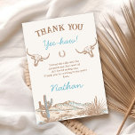 Vintage Western Cowboy First Rodeo 1st Birthday  Thank You Card<br><div class="desc">Vintage Western Cowboy First Rodeo 1st Birthday Thank You Card

Boy's vintage first birthday rodeo thank you card featuring two longhorn cows,  a desert scene and rope style text.</div>