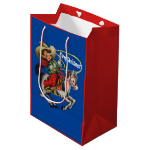 Vintage Western Cowboy Kid Horse Rope Christmas  Medium Gift Bag