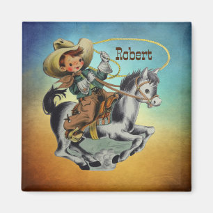 Vintage Western Cowboy Kid On Horse with Rope Magnet