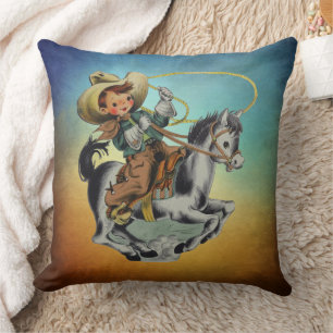 Vintage Western Cowboy Kids On Horse with Rope Throw Pillow