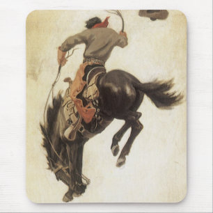 Vintage Western, Cowboy on a Bucking Bronco Horse Mouse Pad