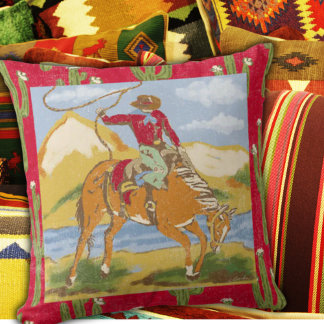 Vintage Western Cowboy on Bucking Horse Throw Pillow