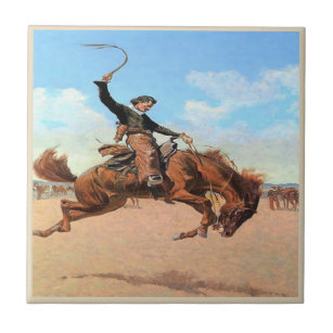 Vintage Western Cowboy Riding Wild Bucking Horse Tile