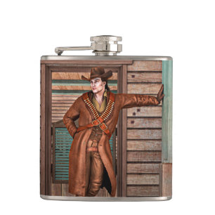 Vintage Western Cowboy Rustic Frontier Art Hip Flask